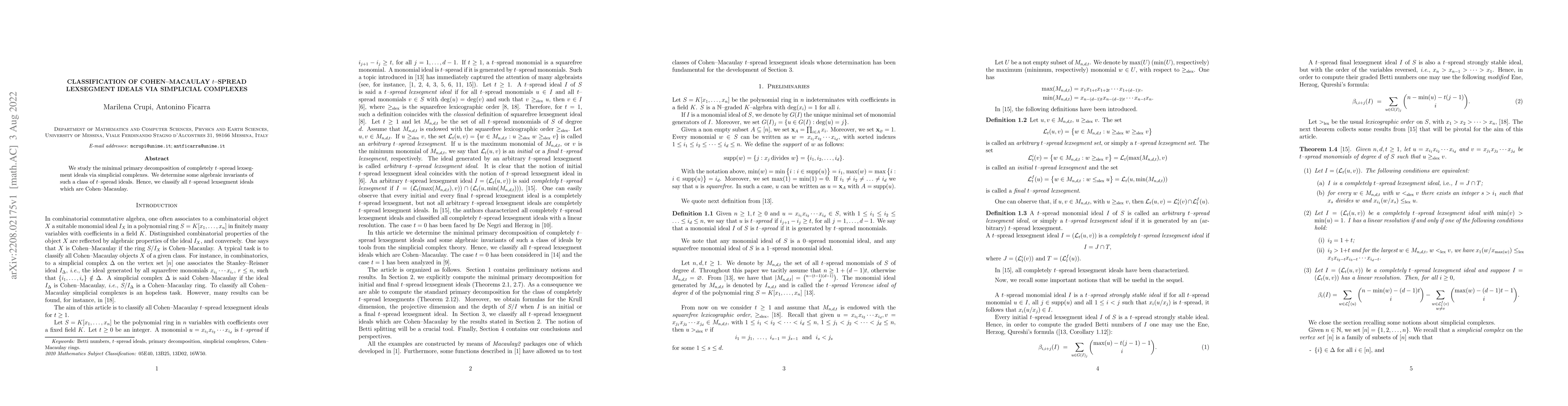 Thumbnail for Classification of Cohen-Macaulay $t$-spread lexsegment ideals via
  simplicial complexes