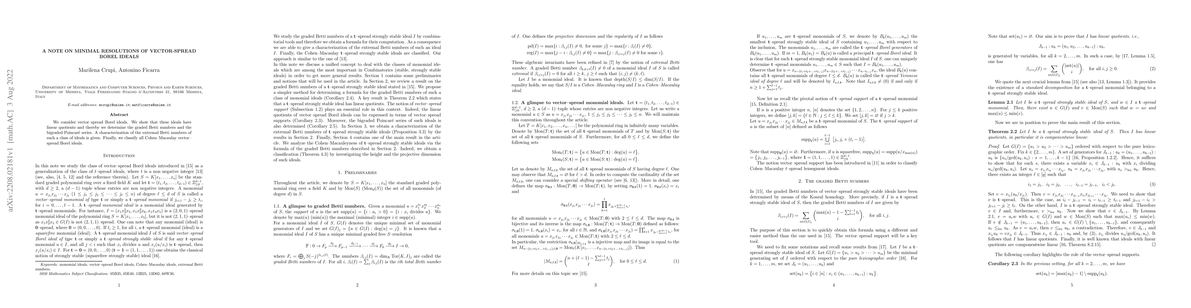 Thumbnail for A note on minimal resolutions of vector-spread Borel ideals