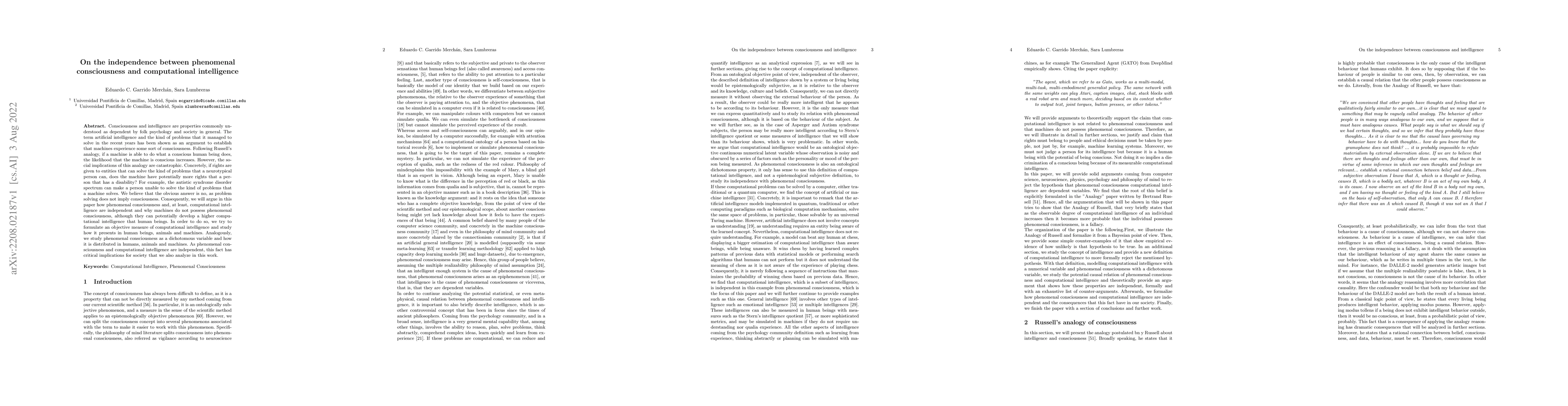 Thumbnail for On the independence between phenomenal consciousness and computational
  intelligence