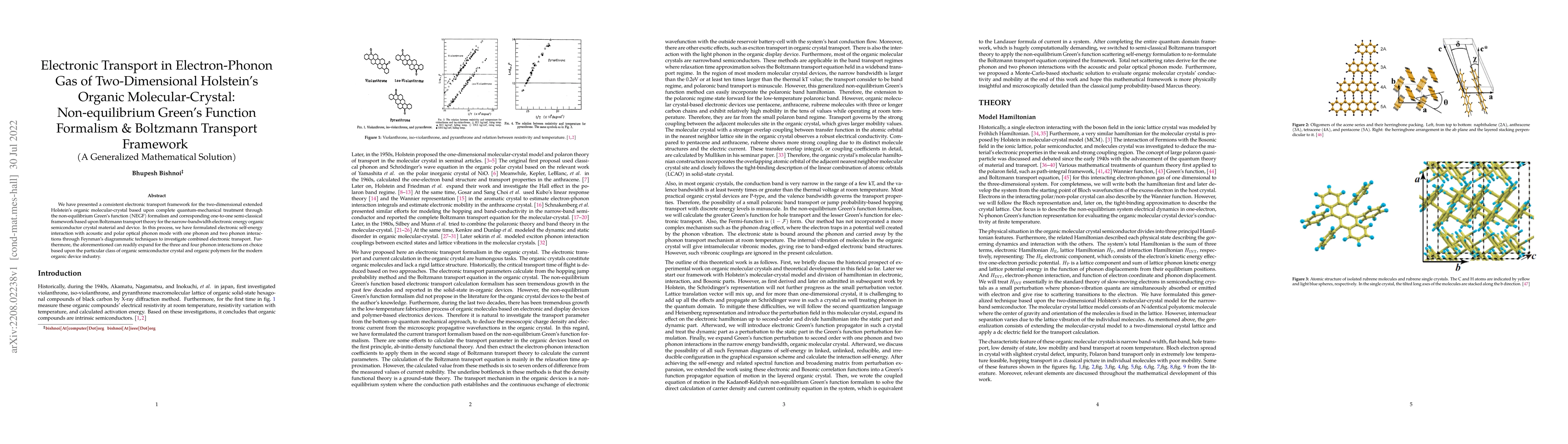 Thumbnail for Electronic Transport in Electron-Phonon Gas of Two-Dimensional
  Holstein's Organic Molecular-Crystal: Non-equilibrium Green's Function
  Formalism & Boltzmann Transport Framework (A Generalized Mathematical
  Solution)