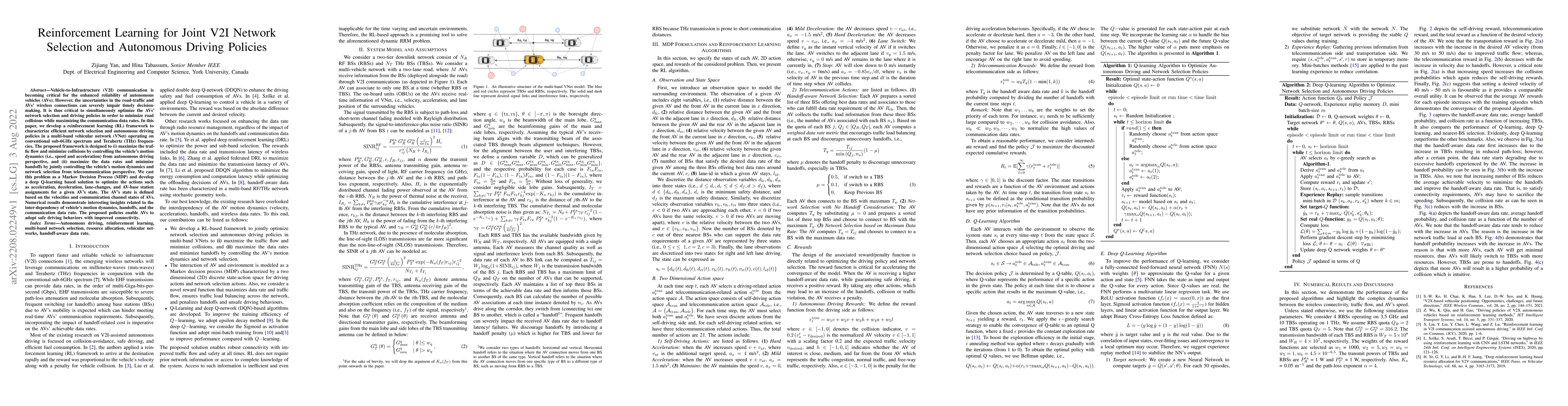 Thumbnail for Reinforcement Learning for Joint V2I Network Selection and Autonomous
  Driving Policies