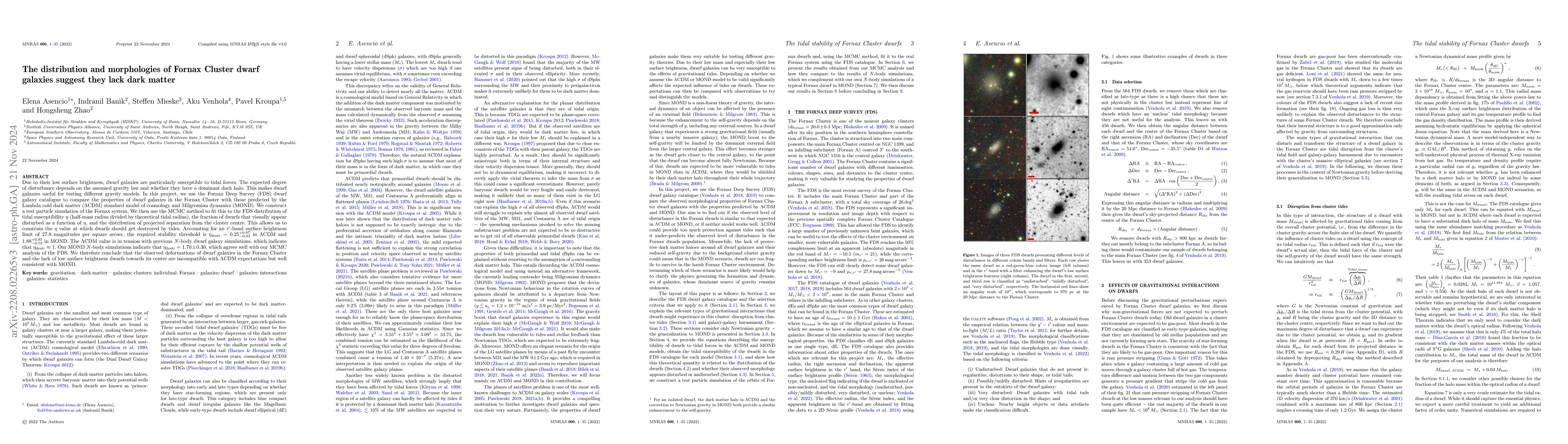 Thumbnail for The distribution and morphologies of Fornax Cluster dwarf galaxies
  suggest they lack dark matter