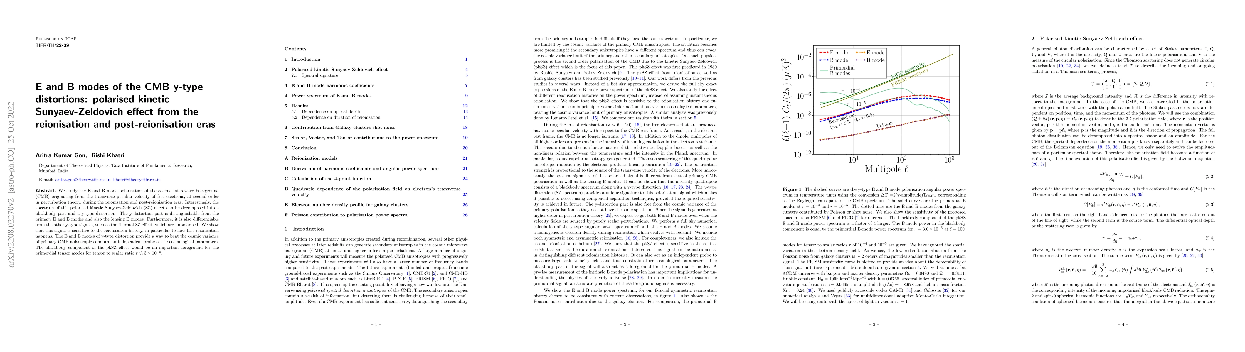 Thumbnail for E and B modes of the CMB y-type distortions: polarised kinetic
  Sunyaev-Zeldovich effect from the reionisation and post-reionisation eras