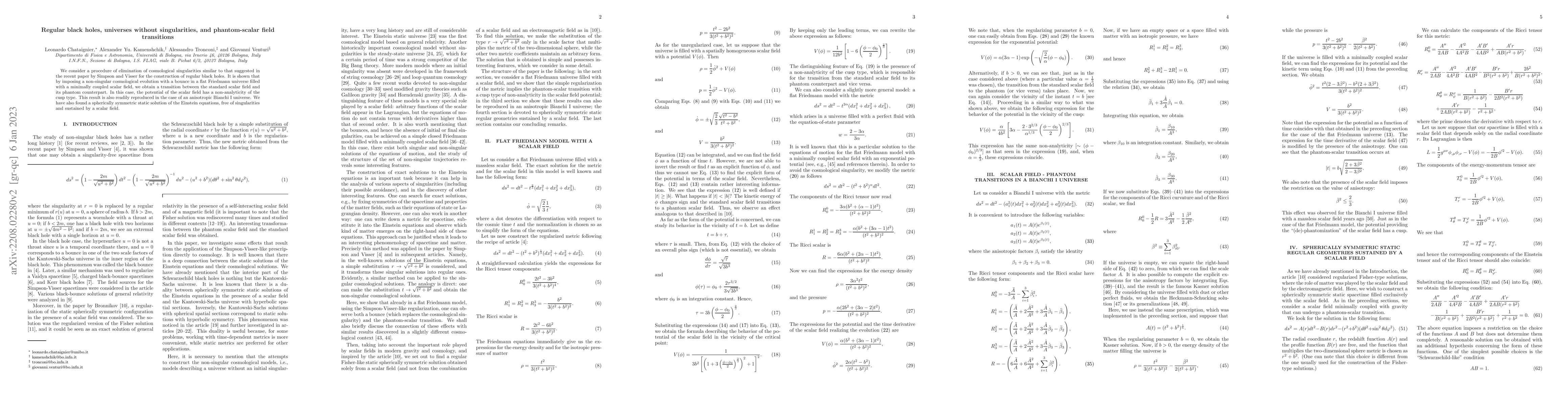 Thumbnail for Regular black holes, universes without singularities, and phantom-scalar
  field transitions