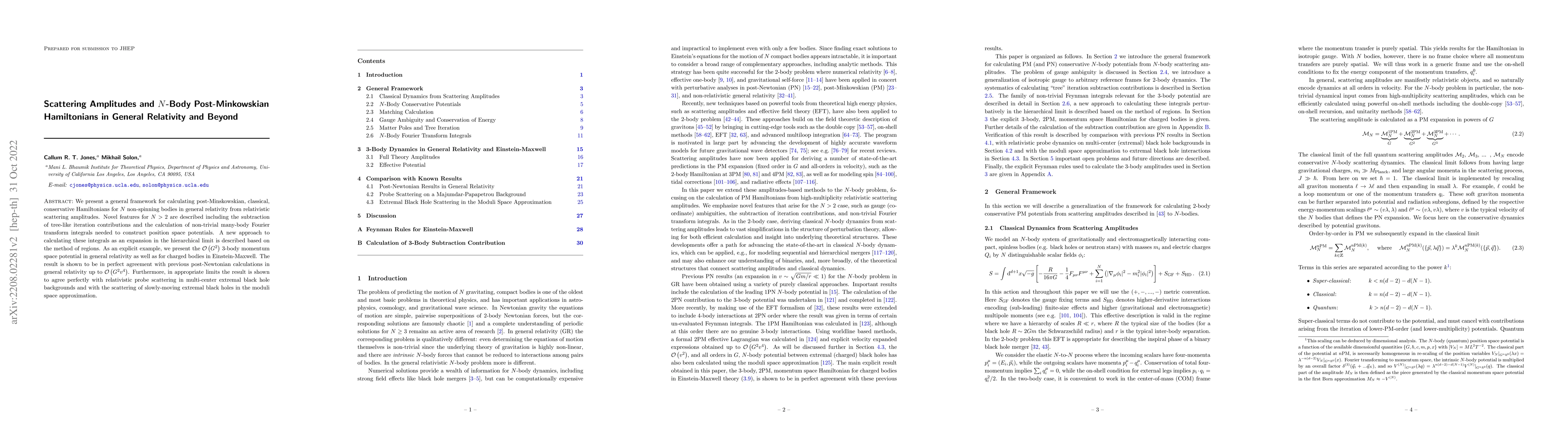 Thumbnail for Scattering Amplitudes and N-Body Post-Minkowskian Hamiltonians in
  General Relativity and Beyond