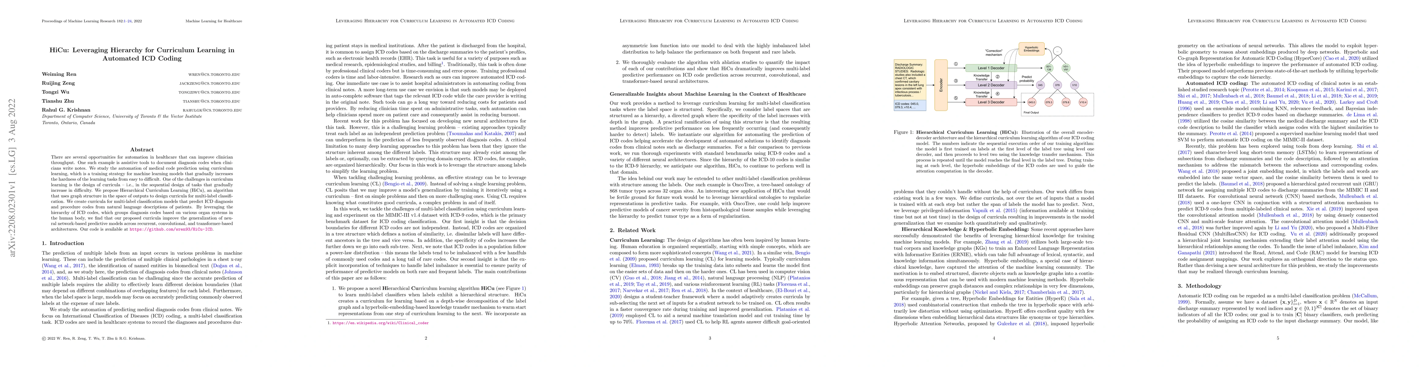 Thumbnail for HiCu: Leveraging Hierarchy for Curriculum Learning in Automated ICD
  Coding