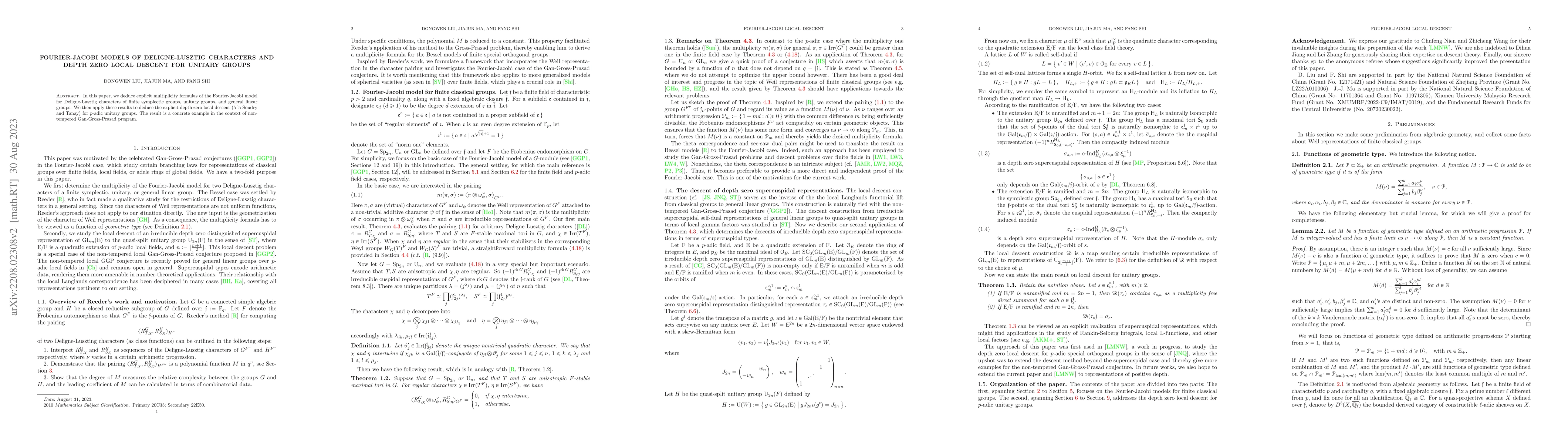 Thumbnail for Fourier-Jacobi models of Deligne-Lusztig characters and depth zero local
  descent for unitary groups