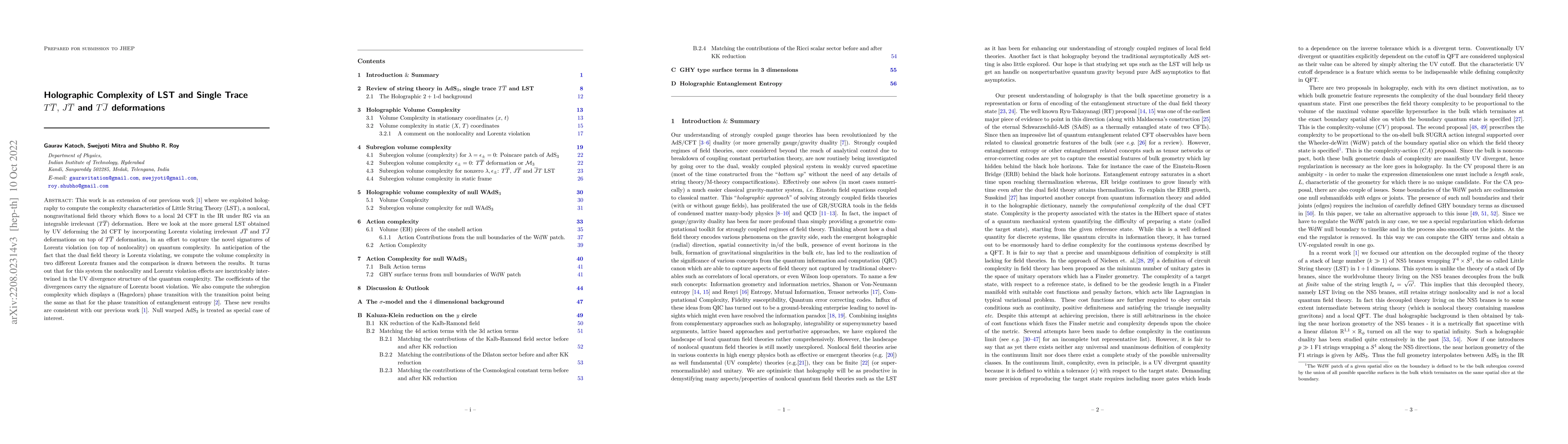 Thumbnail for Holographic Complexity of LST and Single Trace $T\bar{T}$, $J\bar{T}$
  and $T\bar{J}$ deformations