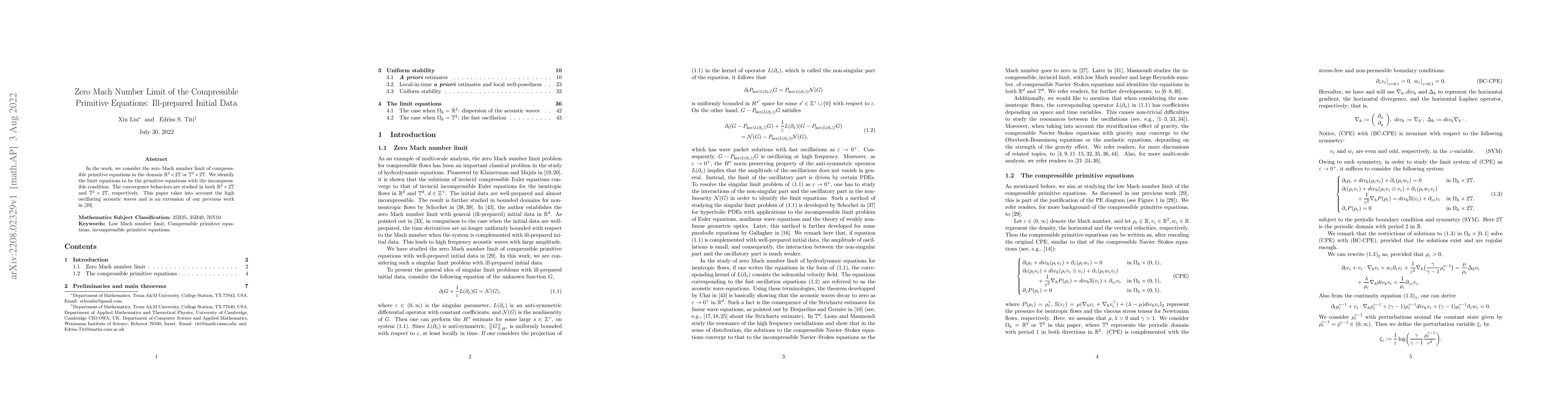 Thumbnail for Zero Mach Number Limit of the Compressible Primitive Equations:
  Ill-prepared Initial Data
