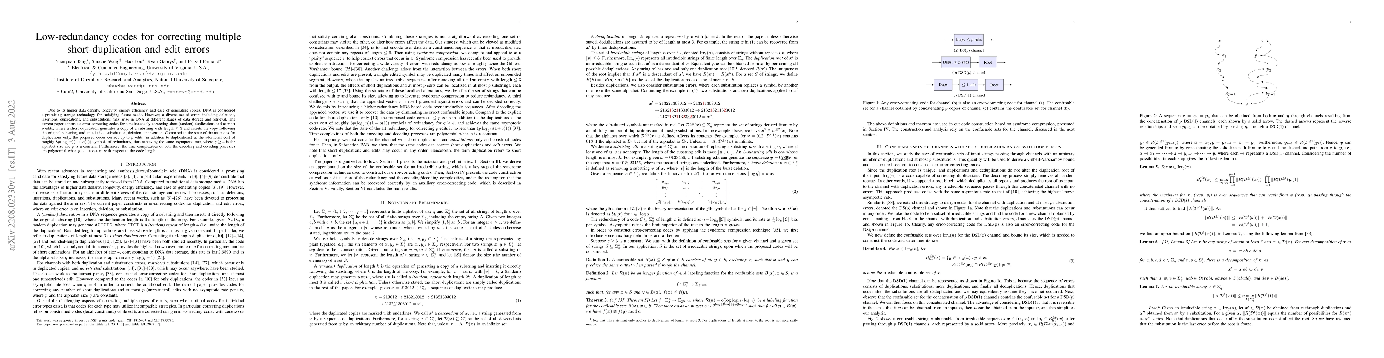 Thumbnail for Low-redundancy codes for correcting multiple short-duplication and edit
  errors