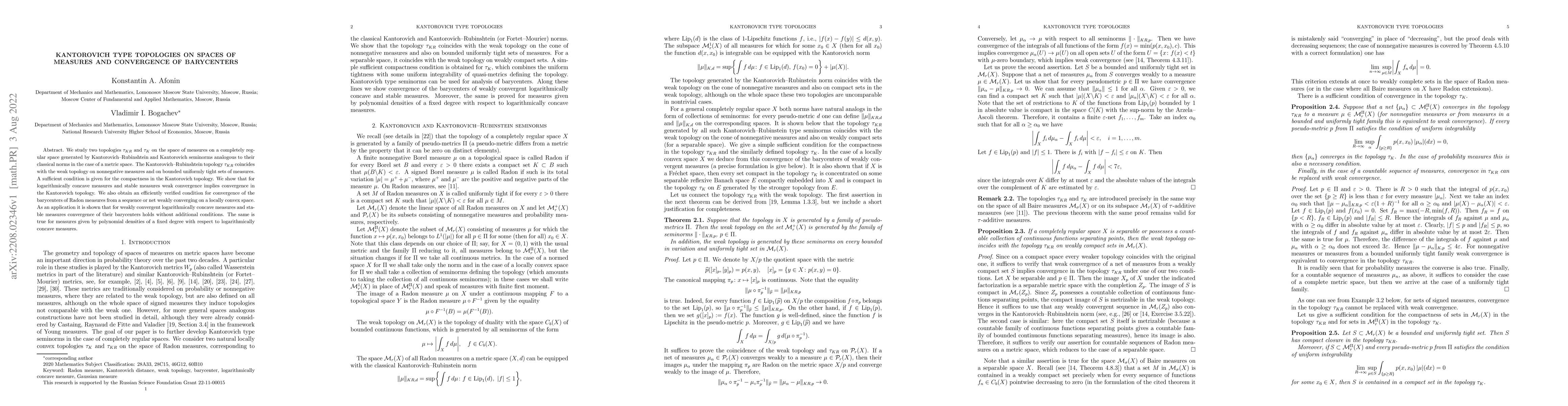 Thumbnail for Kantorovich type topologies on spaces of measures and convergence of
  barycenters