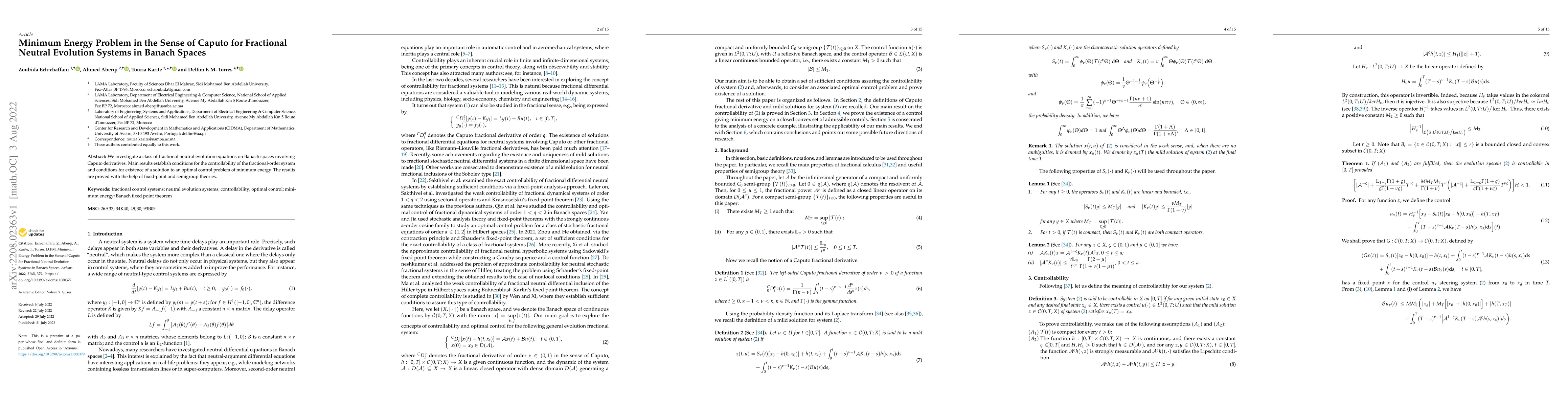 Thumbnail for Minimum Energy Problem in the Sense of Caputo for Fractional Neutral
  Evolution Systems in Banach Spaces