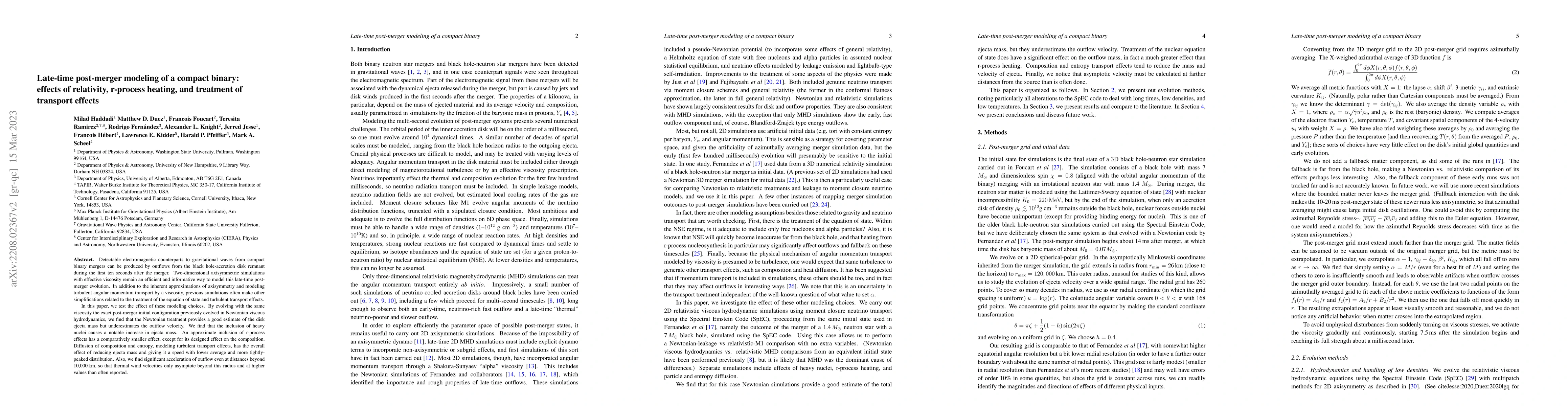 Thumbnail for Late-time post-merger modeling of a compact binary: effects of
  relativity, r-process heating, and treatment of transport effects