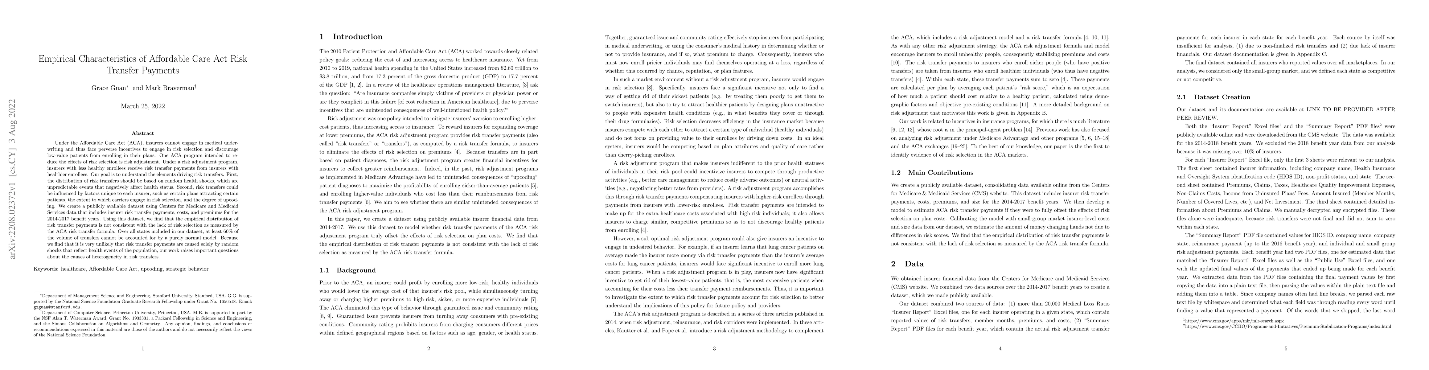 Thumbnail for Empirical Characteristics of Affordable Care Act Risk Transfer Payments