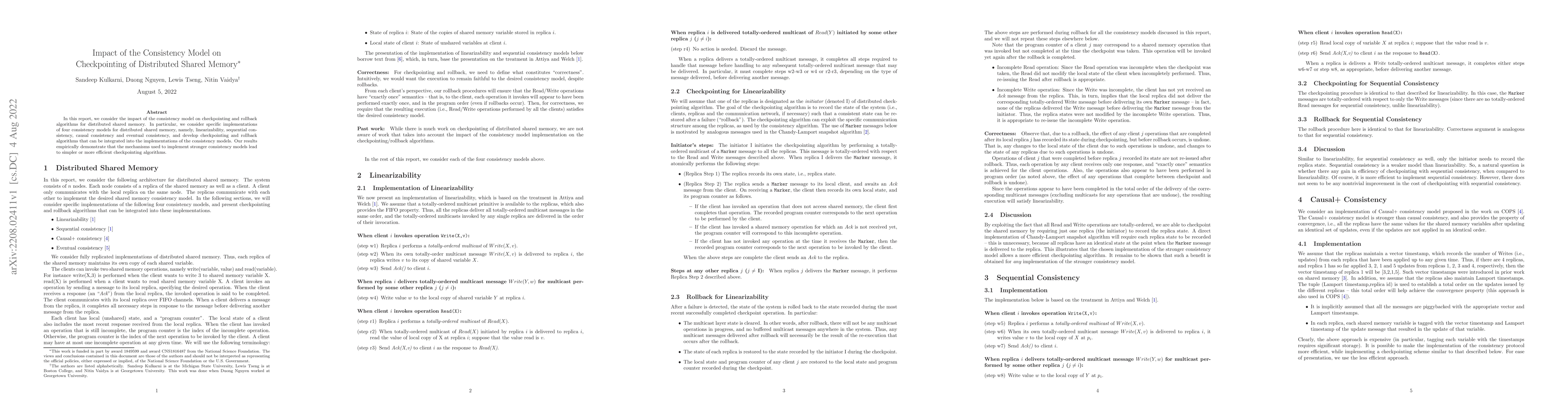 Thumbnail for Impact of the Consistency Model on Checkpointing of Distributed Shared
  Memory