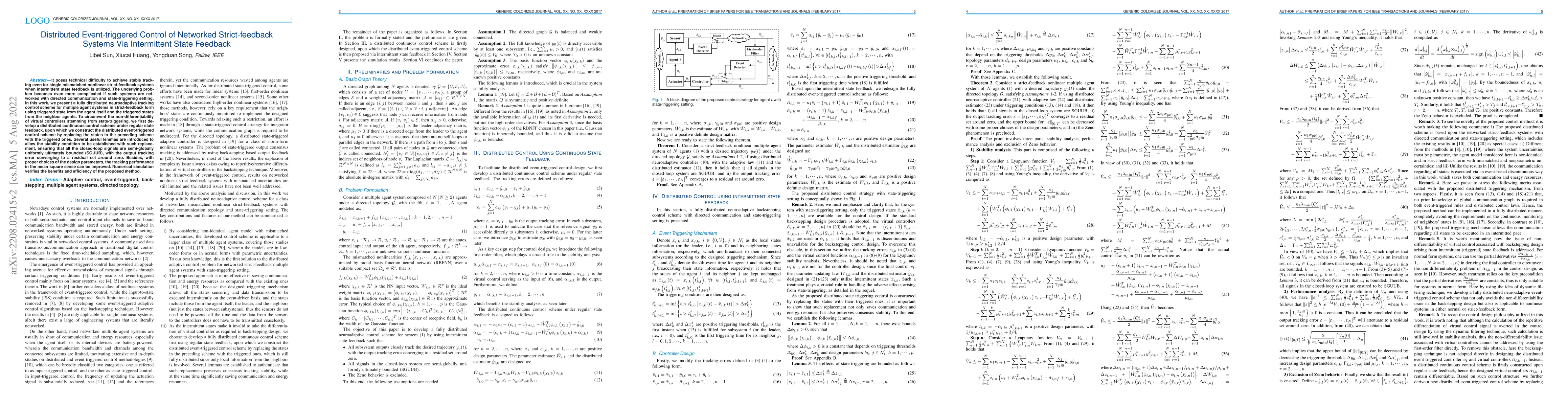 Thumbnail for Distributed Event-triggered Control of Networked Strict-feedback Systems
  Via Intermittent State Feedback