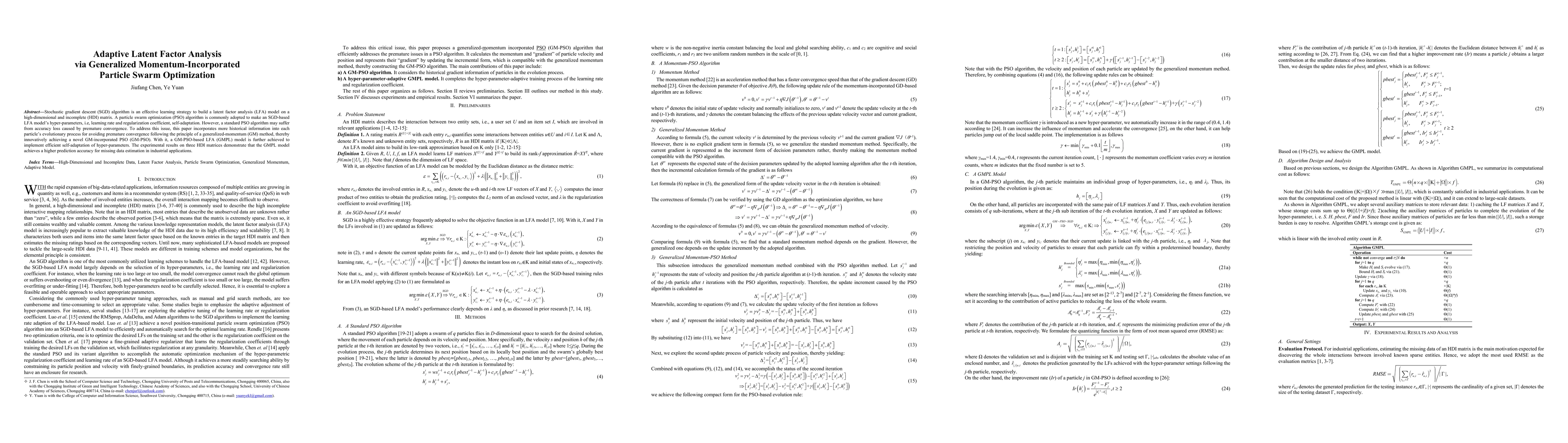 Thumbnail for Adaptive Latent Factor Analysis via Generalized Momentum-Incorporated
  Particle Swarm Optimization