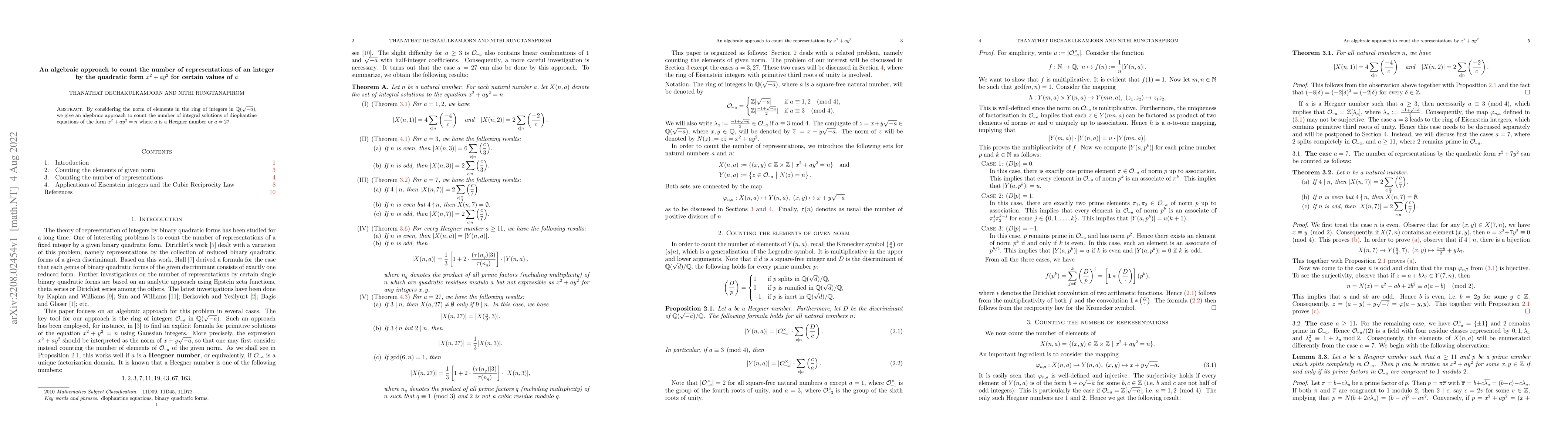 Thumbnail for An algebraic approach to count the number of representations of an
  integer by the quadratic form $x^2+ay^2$ for certain values of $a$