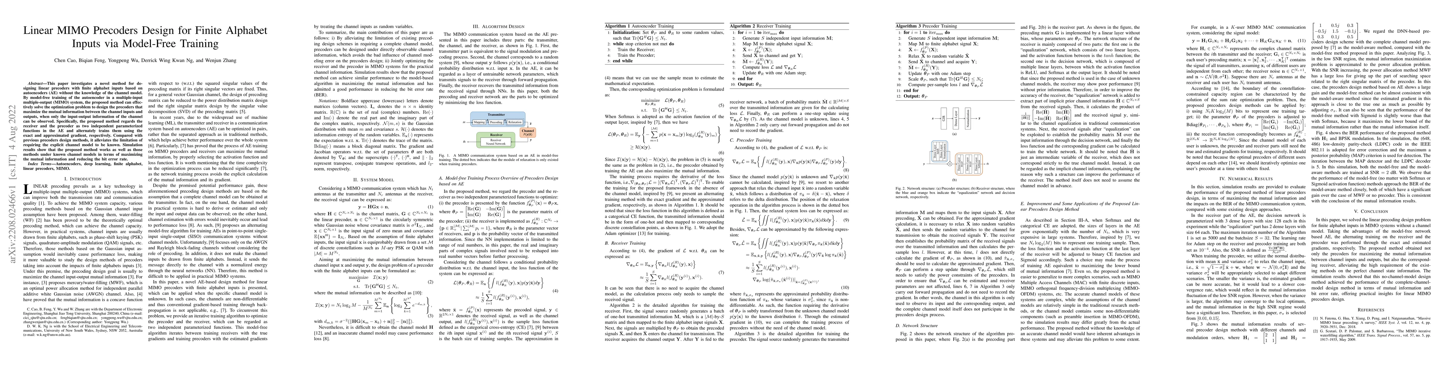 Thumbnail for Linear MIMO Precoders Design for Finite Alphabet Inputs via Model-Free
  Training