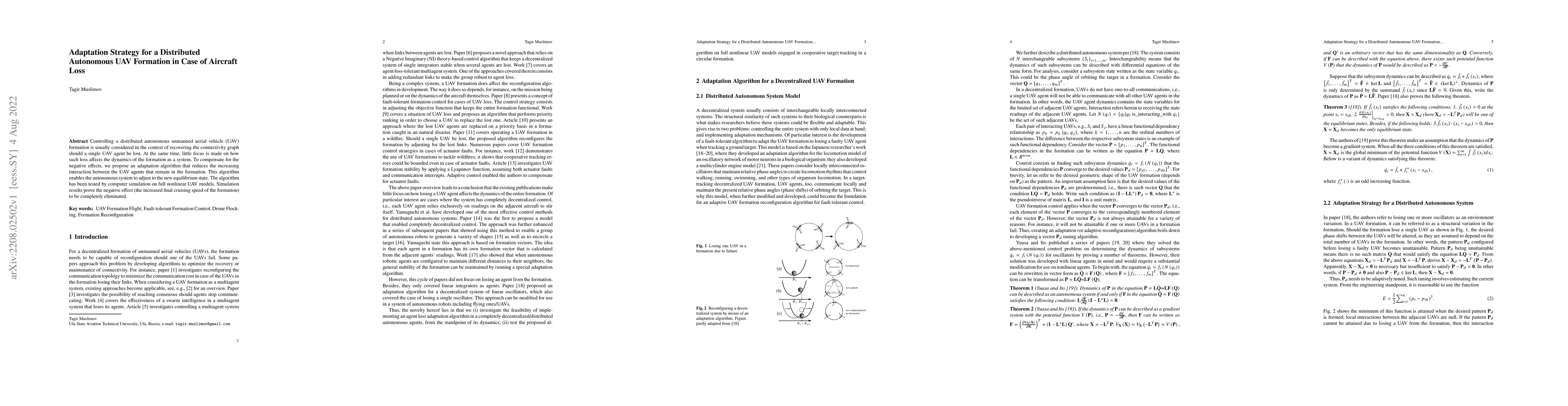 Thumbnail for Adaptation Strategy for a Distributed Autonomous UAV Formation in Case
  of Aircraft Loss