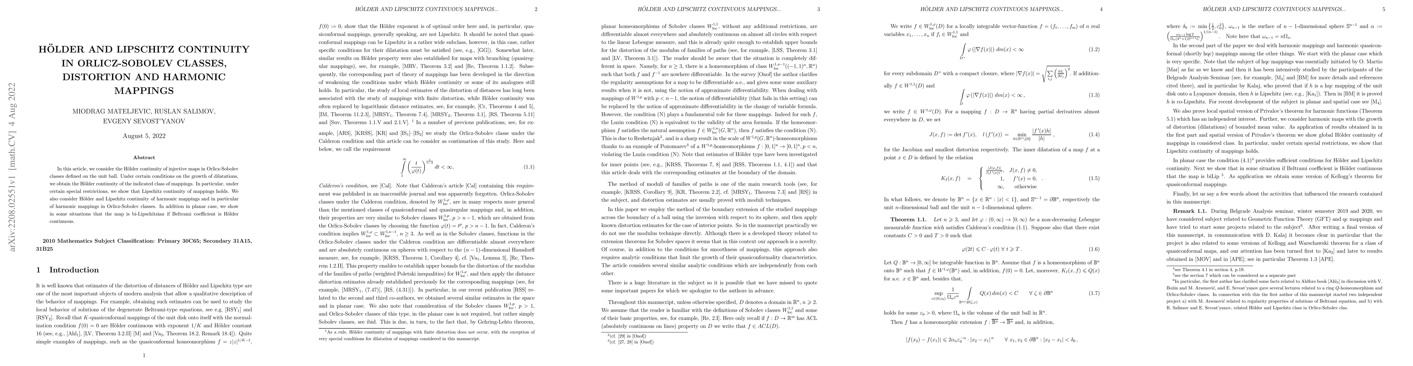 Thumbnail for H\"{o}lder and Lipschitz continuity in Orlicz-Sobolev classes,
  distortion and harmonic mappings