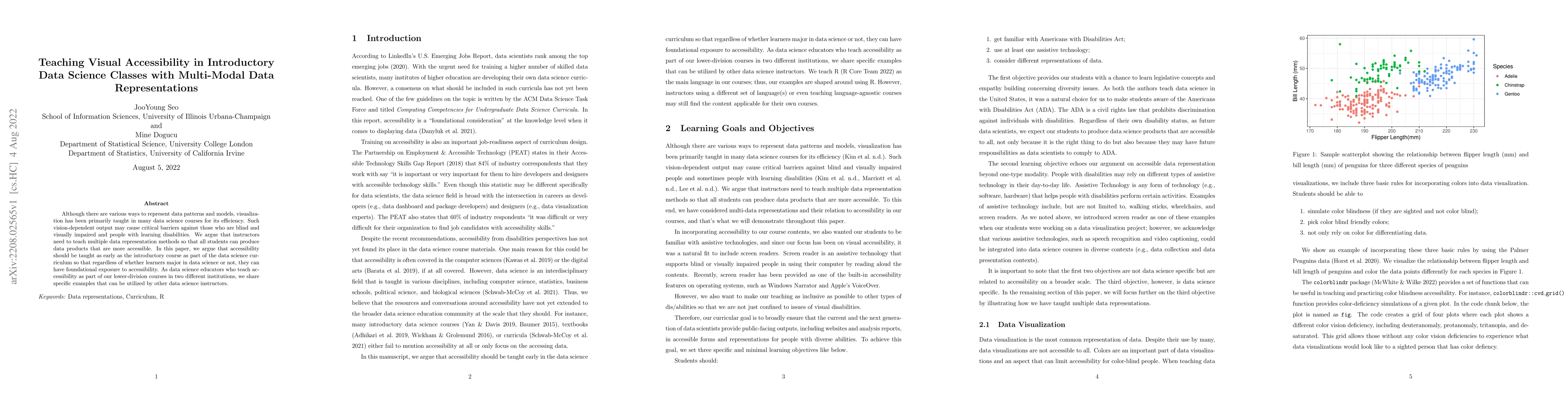 Thumbnail for Teaching Visual Accessibility in Introductory Data Science Classes with
  Multi-Modal Data Representations