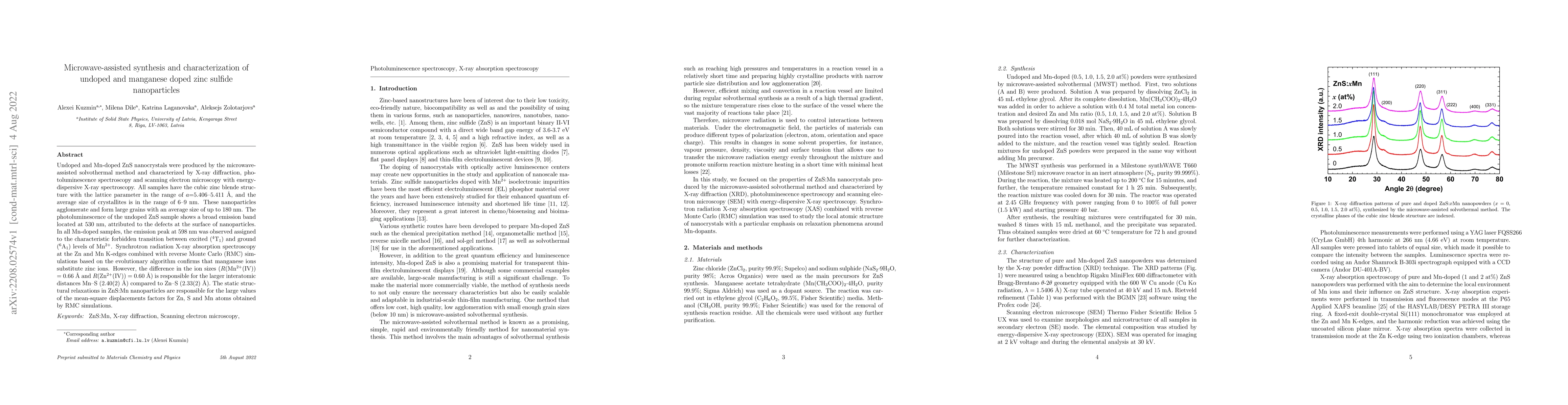 Thumbnail for Microwave-assisted synthesis and characterization of undoped and
  manganese doped zinc sulfide nanoparticles