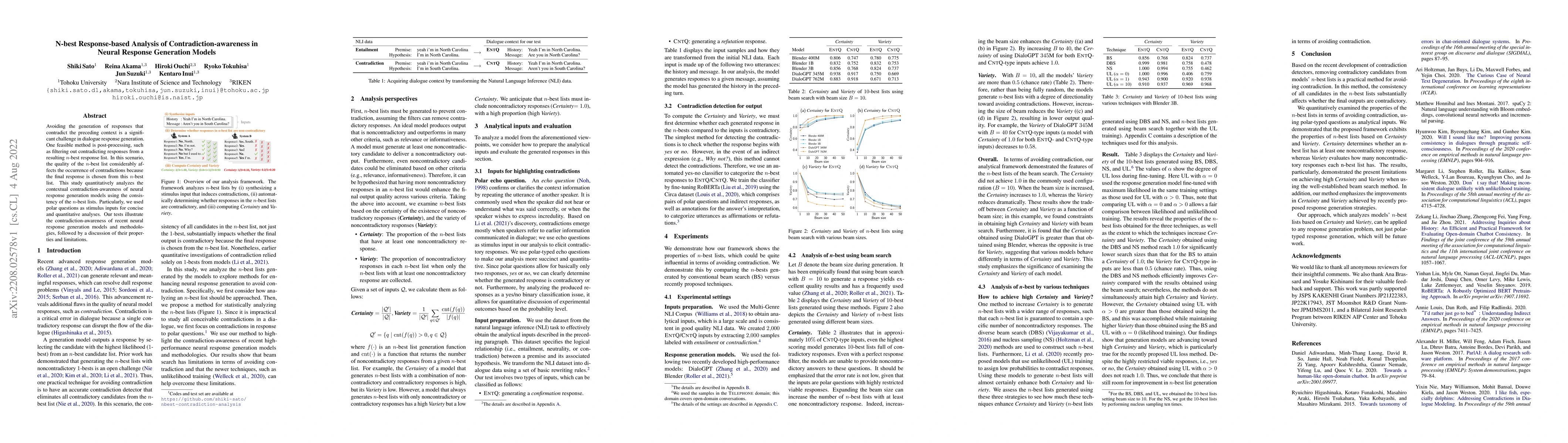 Thumbnail for N-best Response-based Analysis of Contradiction-awareness in Neural
  Response Generation Models