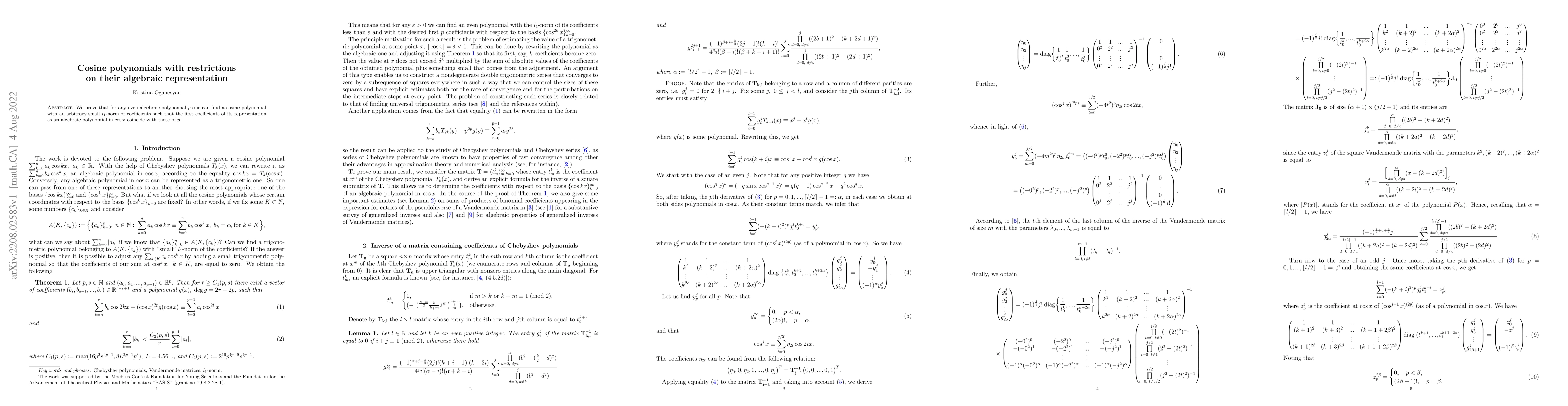 Thumbnail for Cosine polynomials with restrictions on their algebraic representation