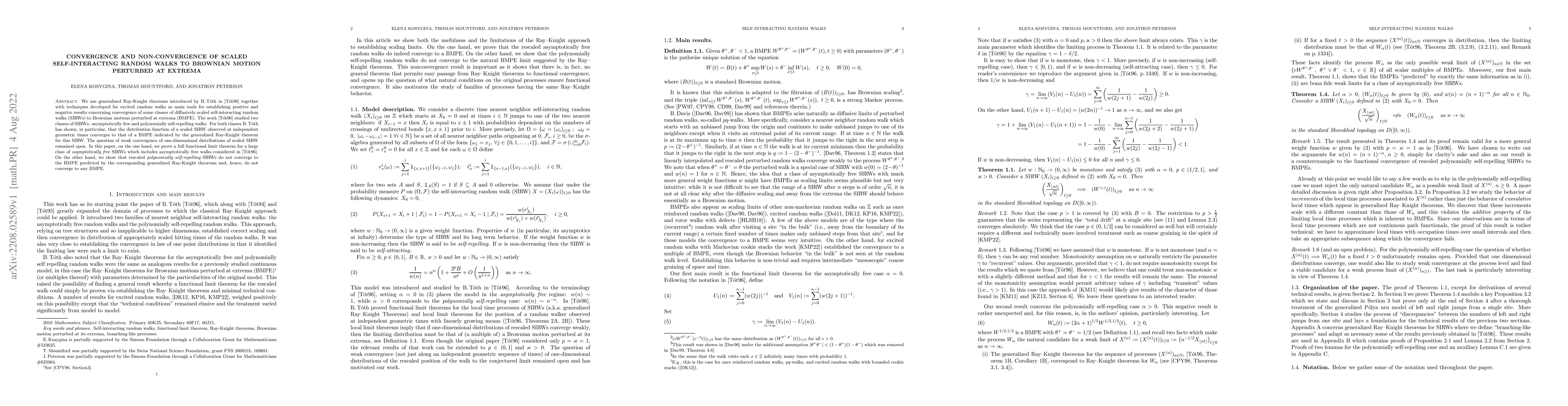 Thumbnail for Convergence and non-convergence of scaled self-interacting random walks
  to Brownian motion perturbed at extrema