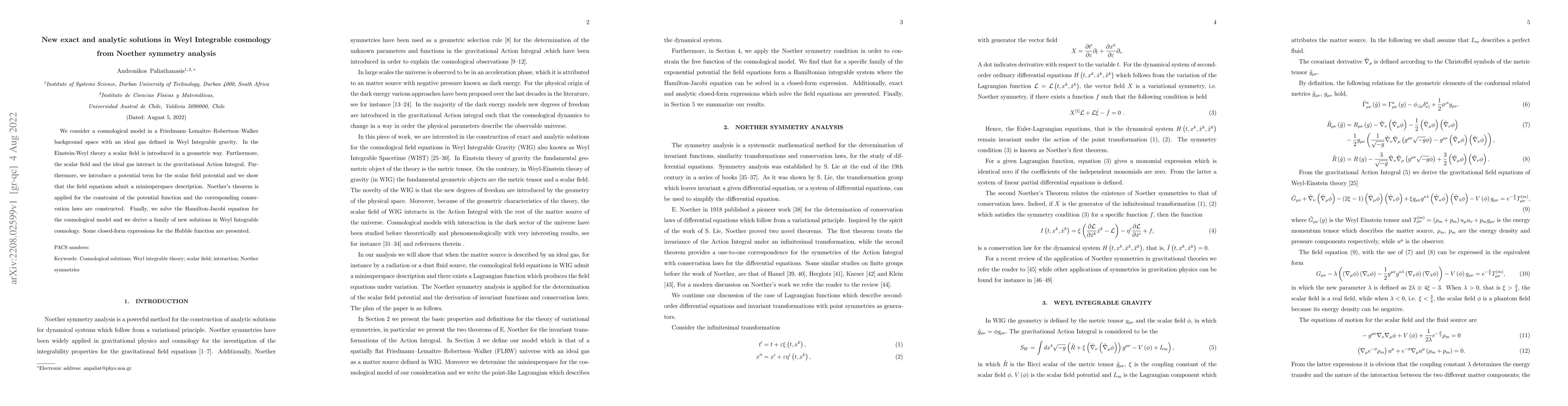 Thumbnail for New exact and analytic solutions in Weyl Integrable cosmology from
  Noether symmetry analysis