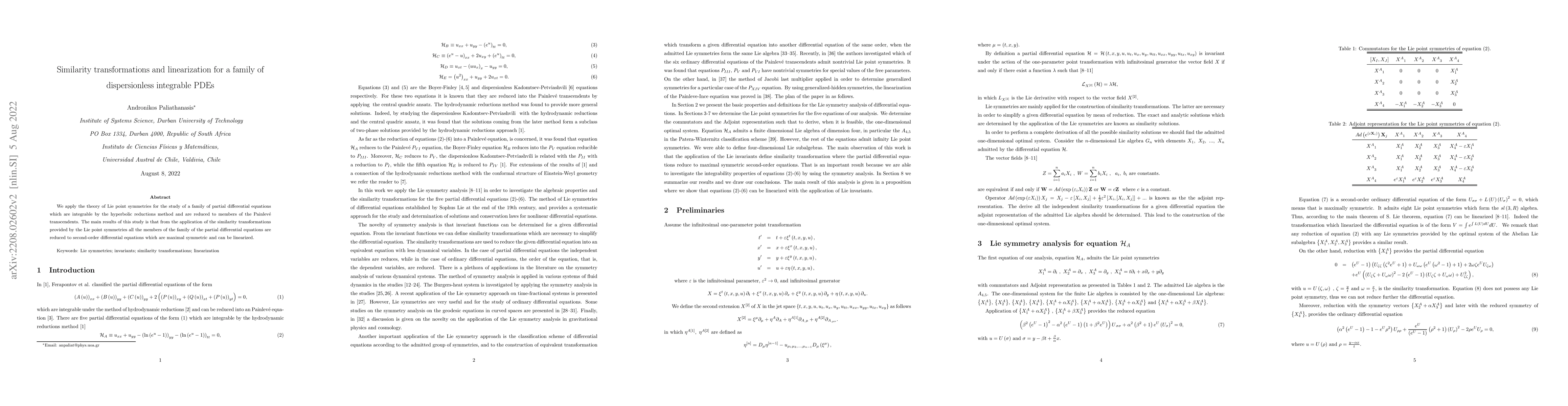 Thumbnail for Similarity transformations and linearization for a family of
  dispersionless integrable PDEs