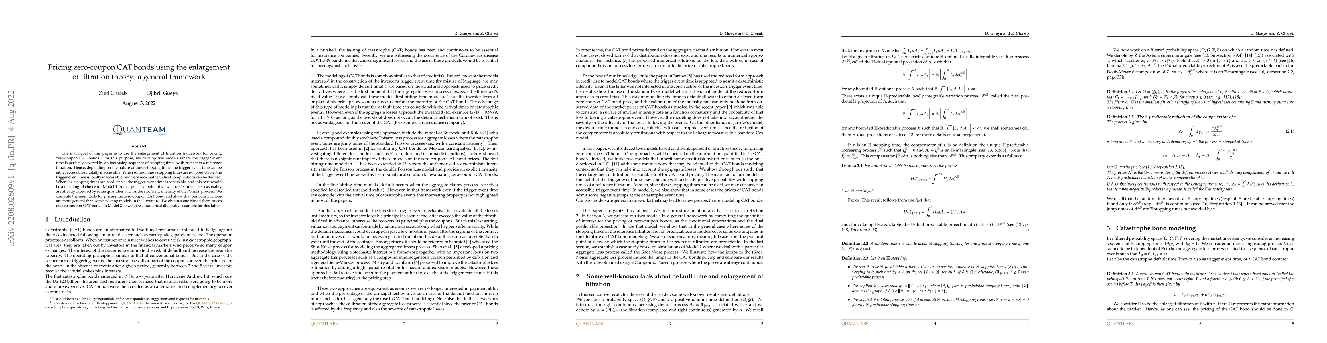 Thumbnail for Pricing zero-coupon CAT bonds using the enlargement of ltration theory:
  a general framework