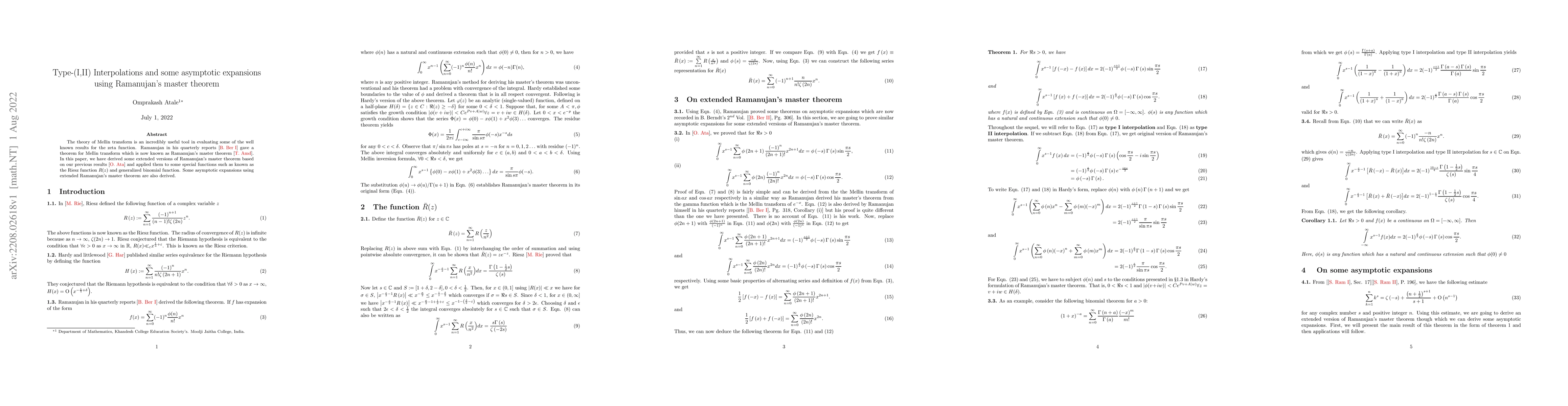 Thumbnail for Type-(I,II) Interpolations and some asymptotic expansions using
  Ramanujan's master theorem