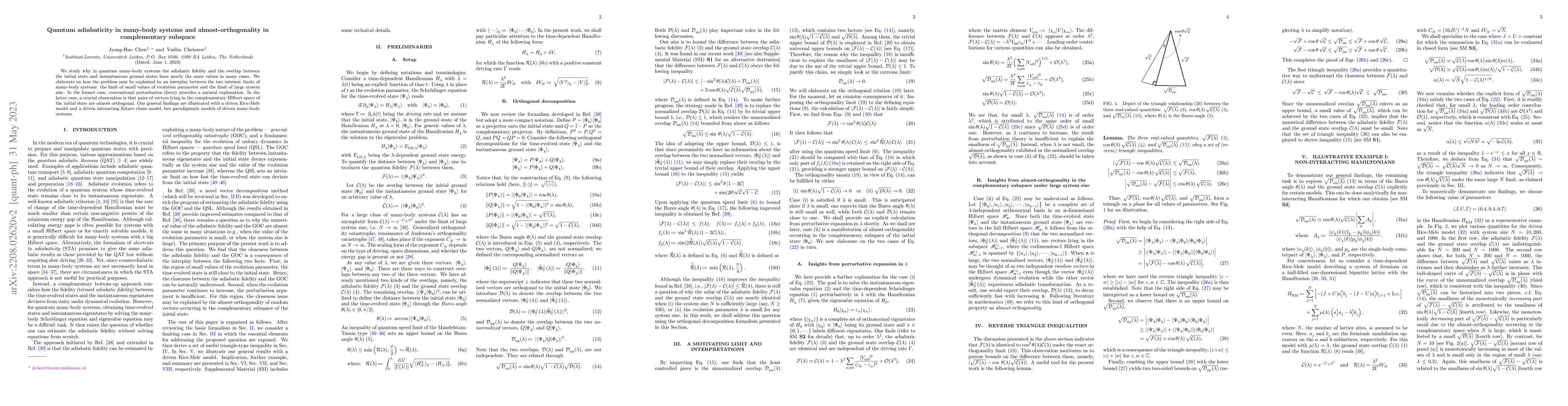 Thumbnail for Quantum adiabaticity in many-body systems and almost-orthogonality in
  complementary subspace