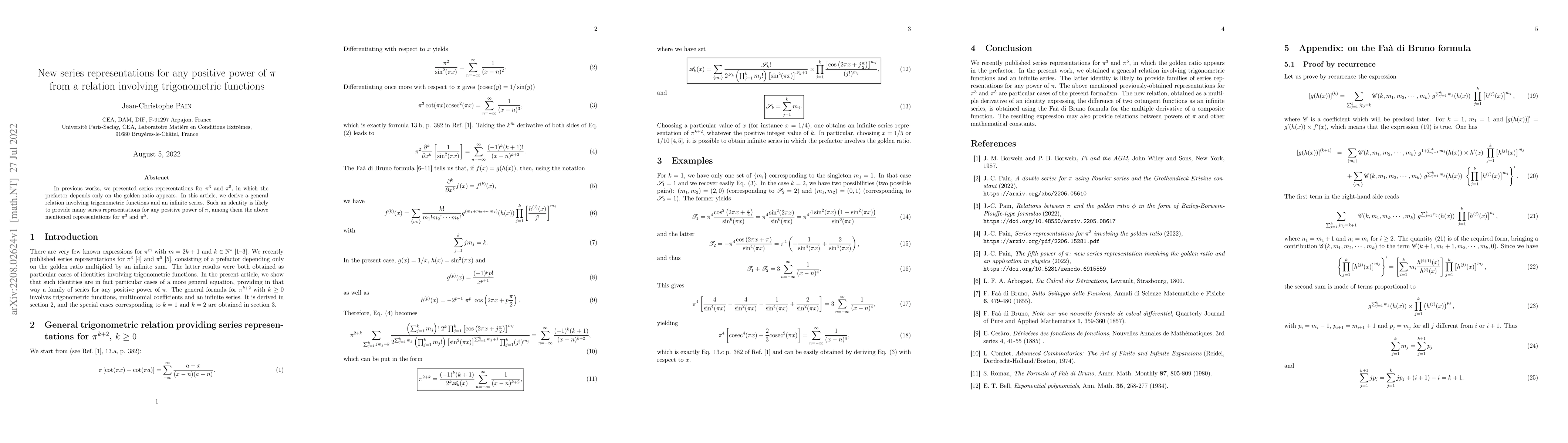 Thumbnail for New series representations for any positive power of $\pi$ from a
  relation involving trigonometric functions