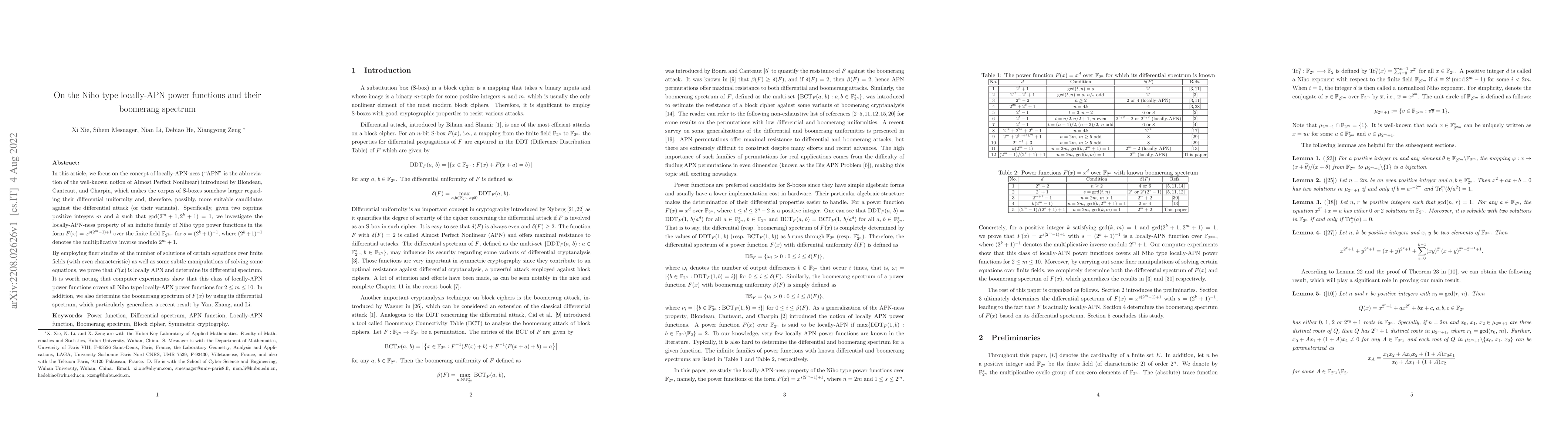 Thumbnail for On the Niho type locally-APN power functions and their boomerang
  spectrum