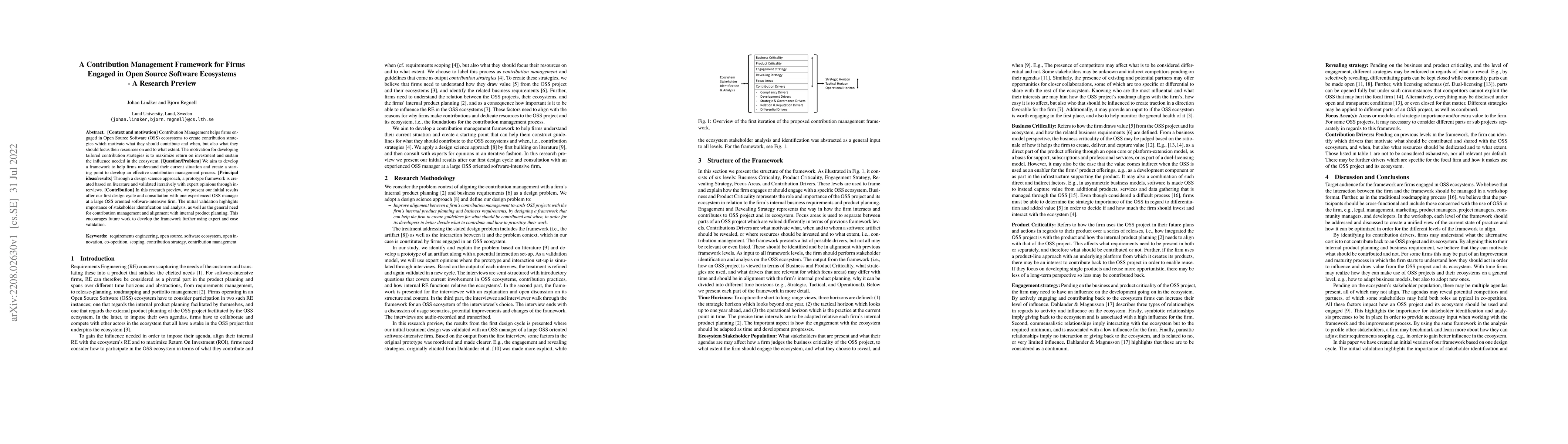 Thumbnail for A Contribution Management Framework for Firms Engaged in Open Source
  Software Ecosystems -- A Research Preview