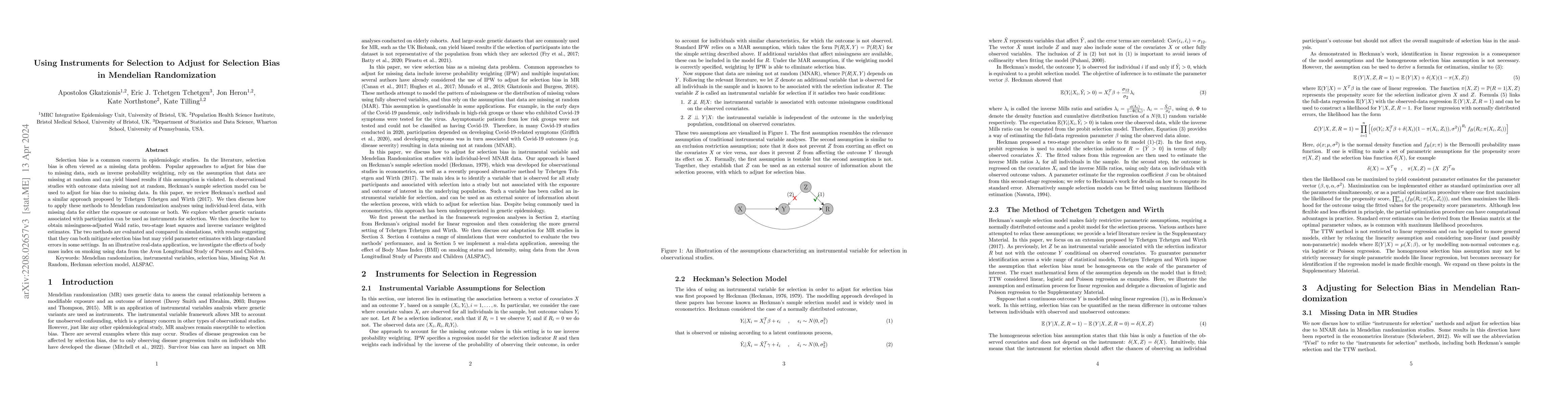 Thumbnail for Using Instruments for Selection to Adjust for Selection Bias in
  Mendelian Randomization