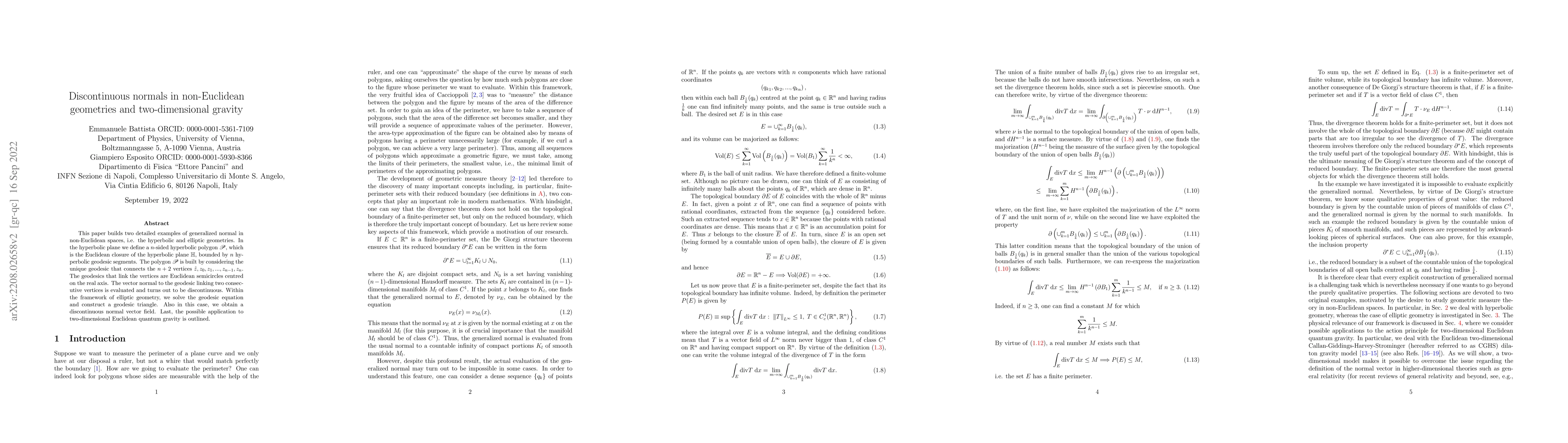 Thumbnail for Discontinuous normals in non-Euclidean geometries and two-dimensional
  gravity