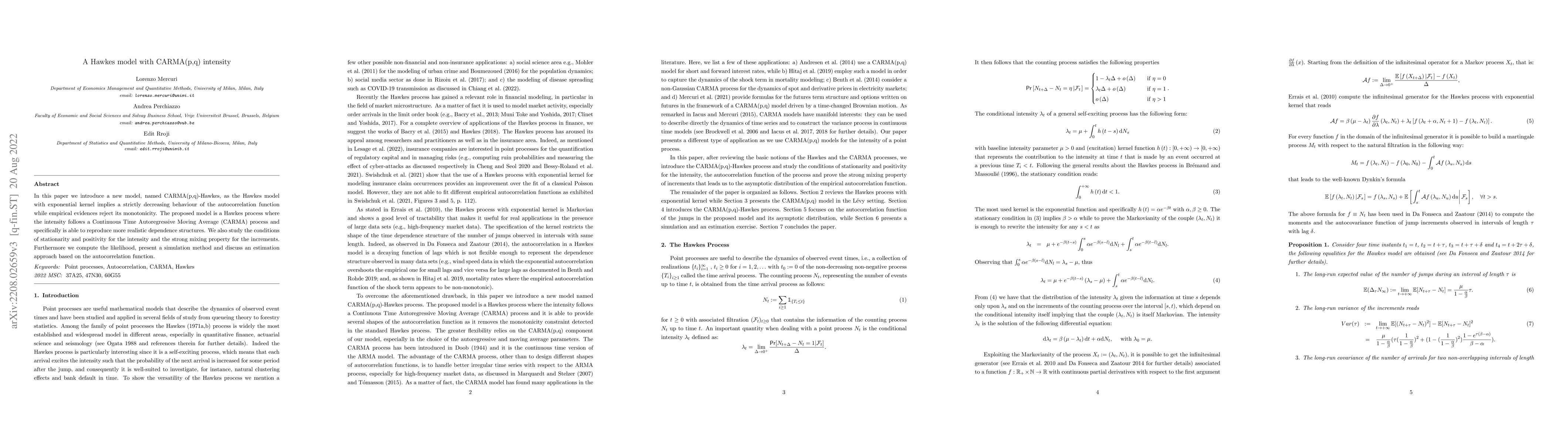 Thumbnail for A Hawkes model with CARMA(p,q) intensity