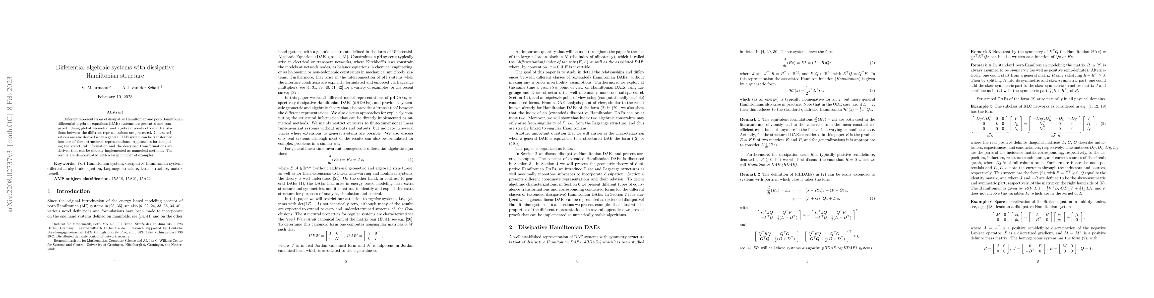 Thumbnail for Differential-algebraic systems with dissipative Hamiltonian structure