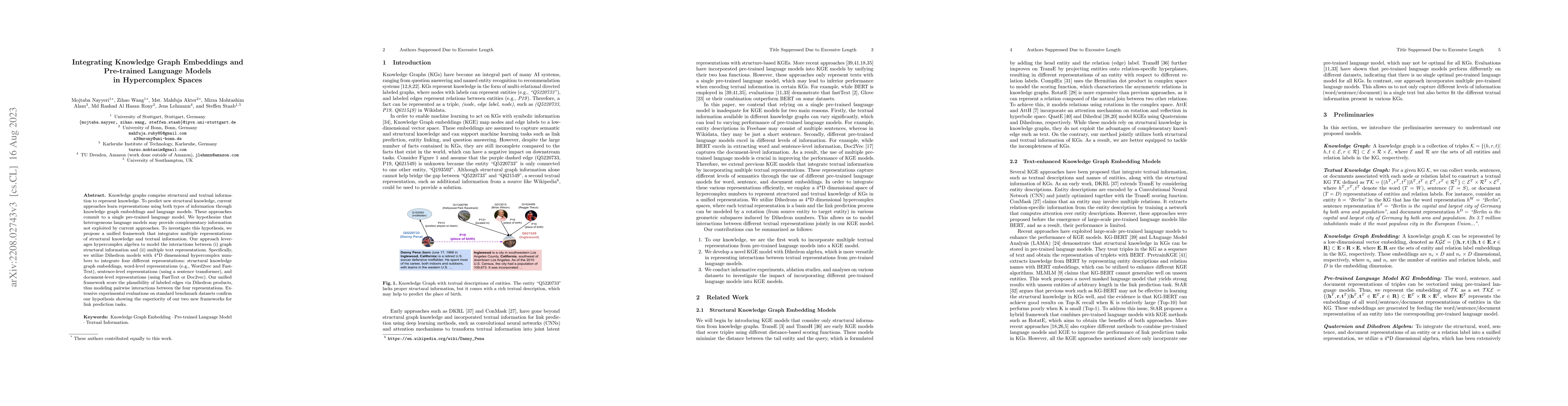 Thumbnail for Integrating Knowledge Graph embedding and pretrained Language Models in
  Hypercomplex Spaces