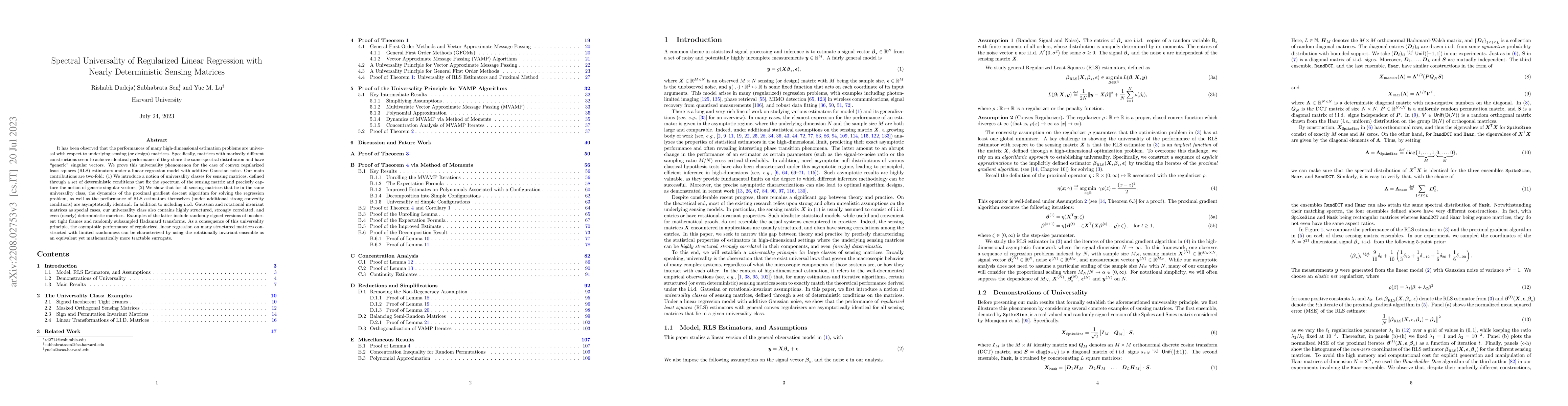 Thumbnail for Spectral Universality of Regularized Linear Regression with Nearly
  Deterministic Sensing Matrices