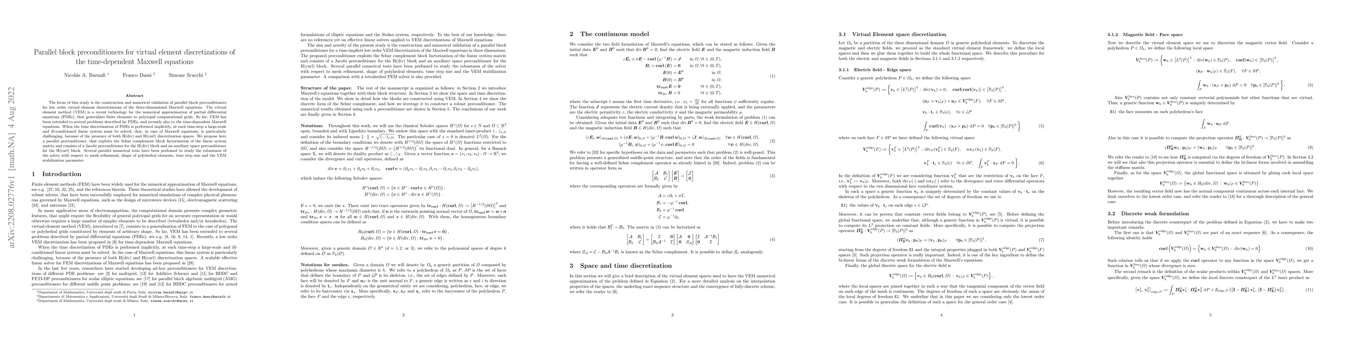 Thumbnail for Parallel block preconditioners for virtual element discretizations of
  the time-dependent Maxwell equations
