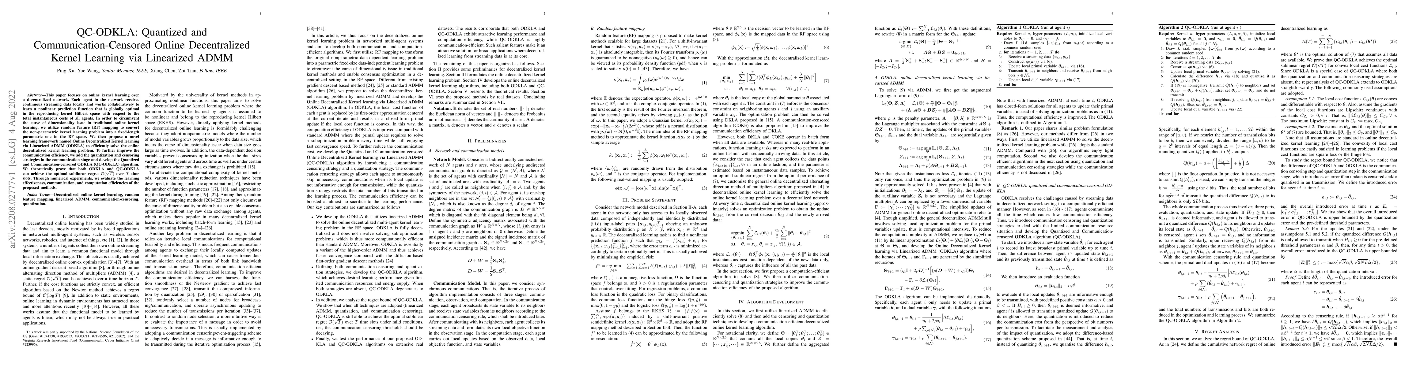 Thumbnail for QC-ODKLA: Quantized and Communication-Censored Online Decentralized
  Kernel Learning via Linearized ADMM