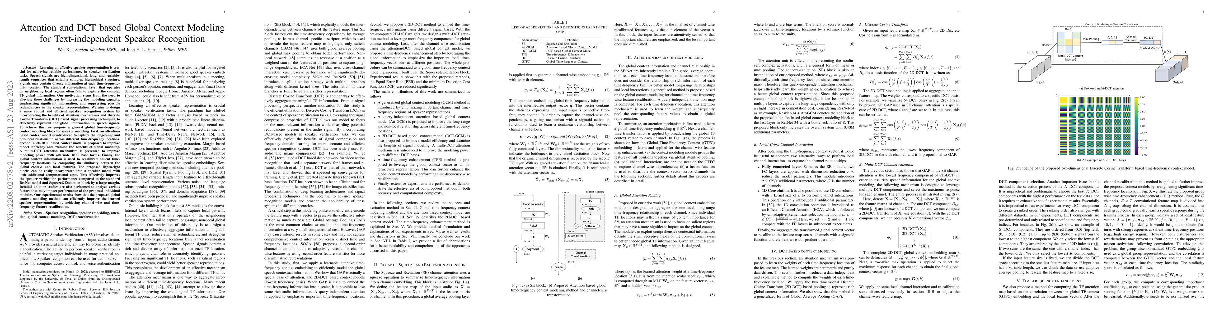 Thumbnail for Attention and DCT based Global Context Modeling for Text-independent
  Speaker Recognition