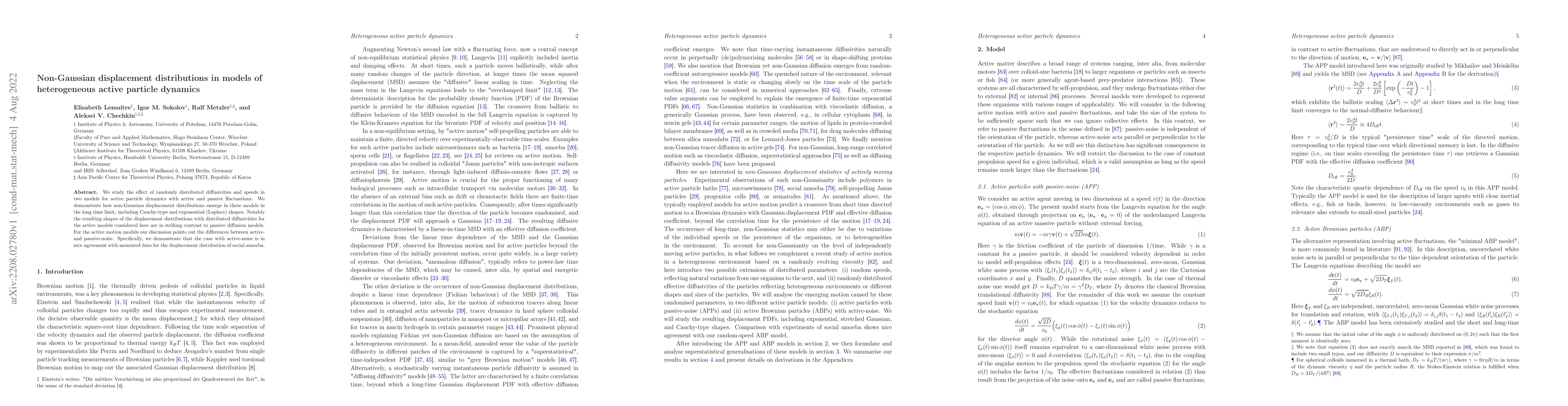 Thumbnail for Non-Gaussian displacement distributions in models of heterogeneous
  active particle dynamics