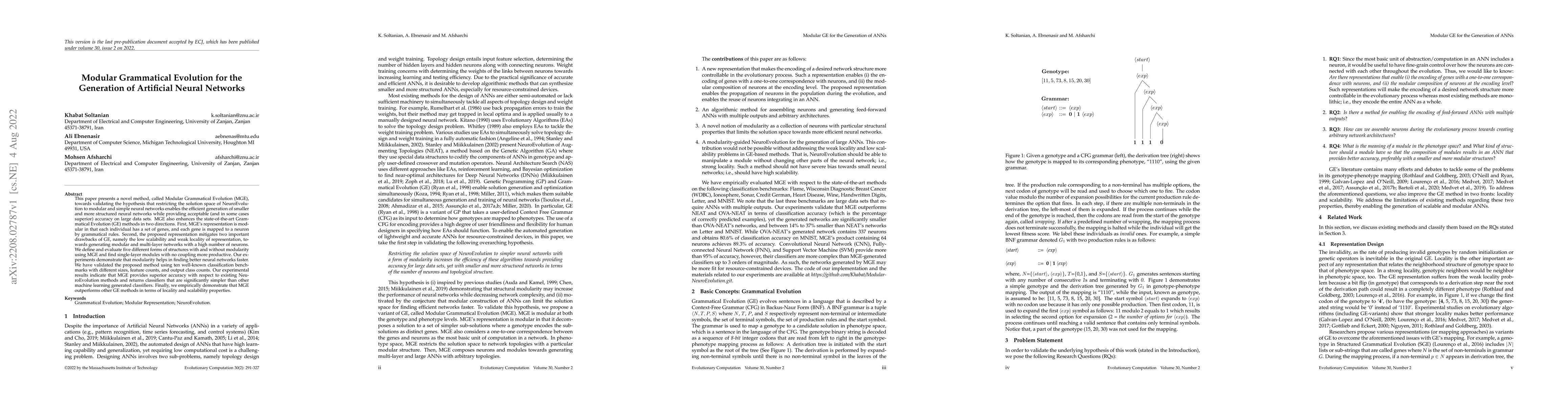Thumbnail for Modular Grammatical Evolution for the Generation of Artificial Neural
  Networks