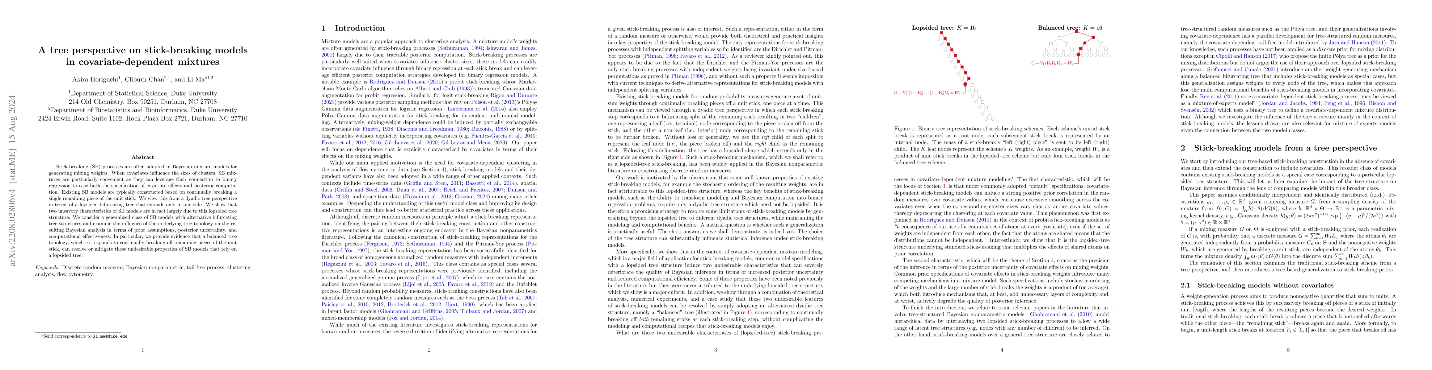 Thumbnail for A tree perspective on stick-breaking models in covariate-dependent
  mixtures
